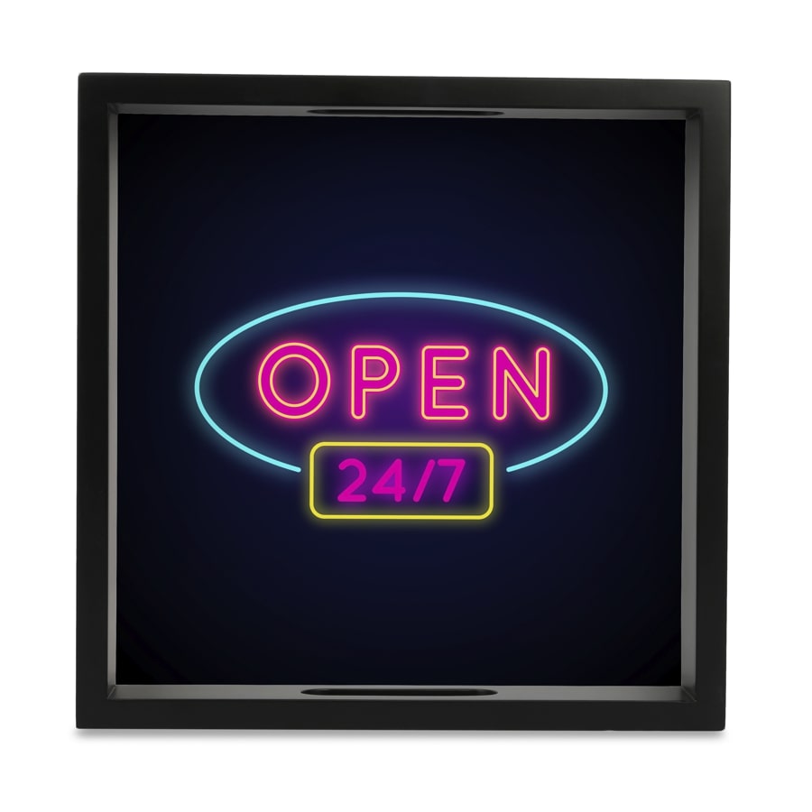 Neon Open 247 Serving Tray with Cutout Handles (Wood) 9" x 9"