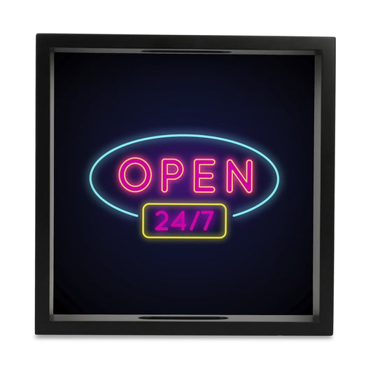 Neon Open 247 Serving Tray with Cutout Handles (Wood) 9" x 9"