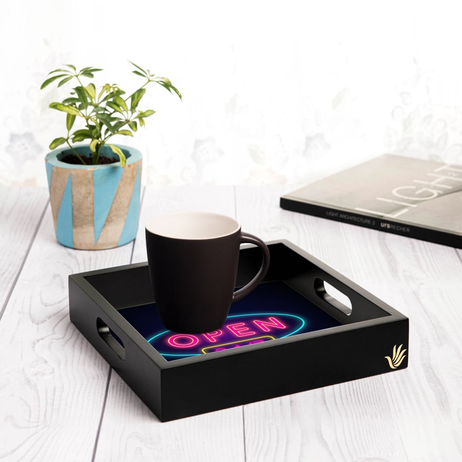 Neon Open 247 Serving Tray with Cutout Handles (Wood) 9" x 9"