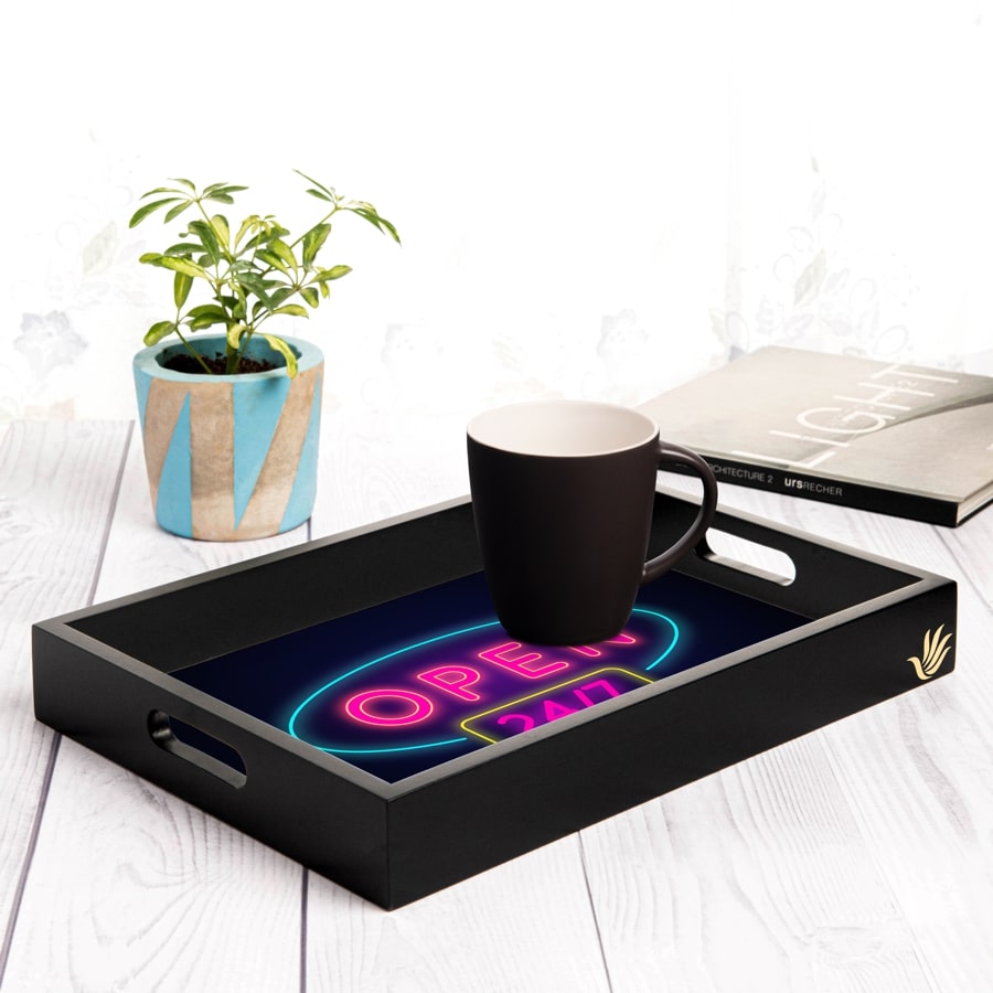 Neon Open 247 Serving Tray with Cutout Handles (Wood) 10" x 14"