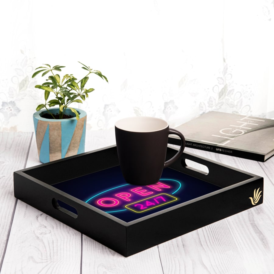 Neon Open 247 Serving Tray with Cutout Handles (Wood) 12" x 12"