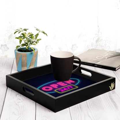 Neon Open 247 Serving Tray with Cutout Handles (Wood) 12" x 12"