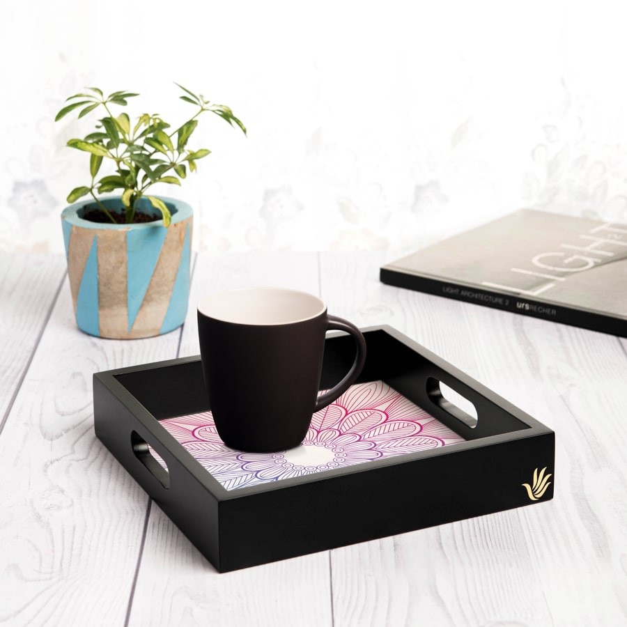 Boho Center Serving Tray with Cutout Handles (Wood) 9" x 9"