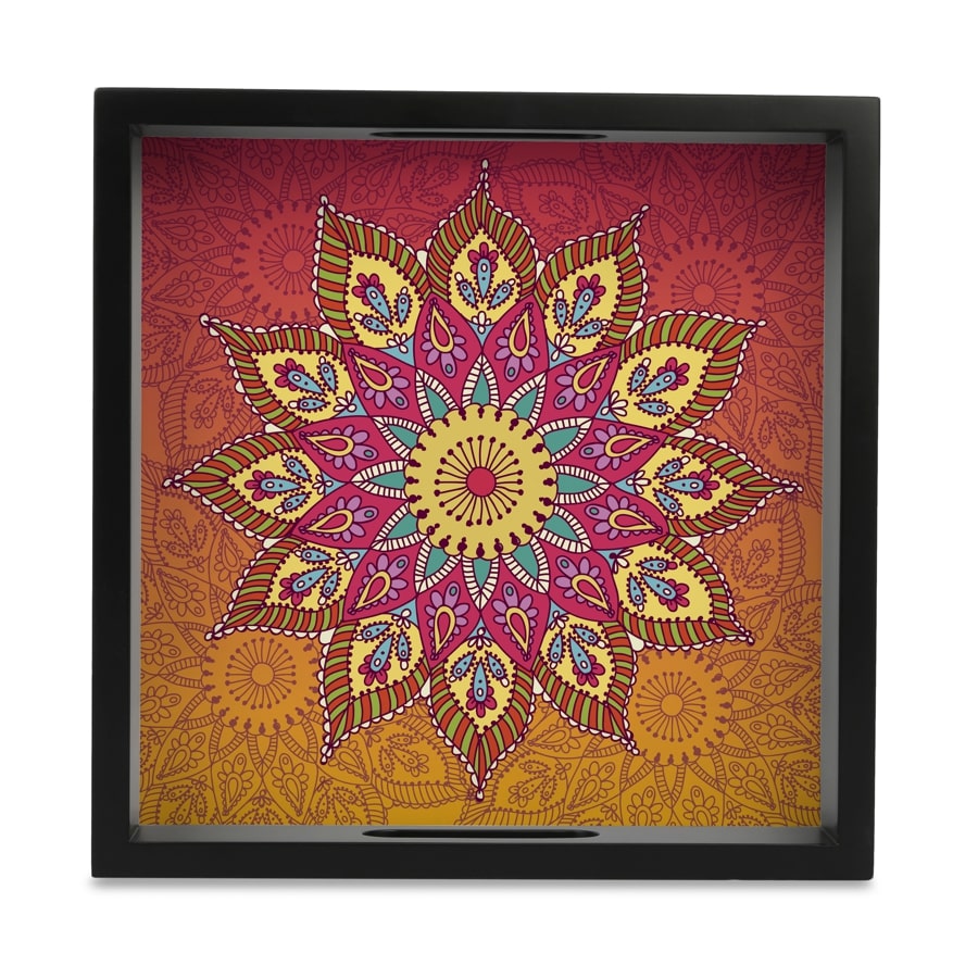 Orange Mandala Serving Tray with Cutout Handles (Wood) 9" x 9"