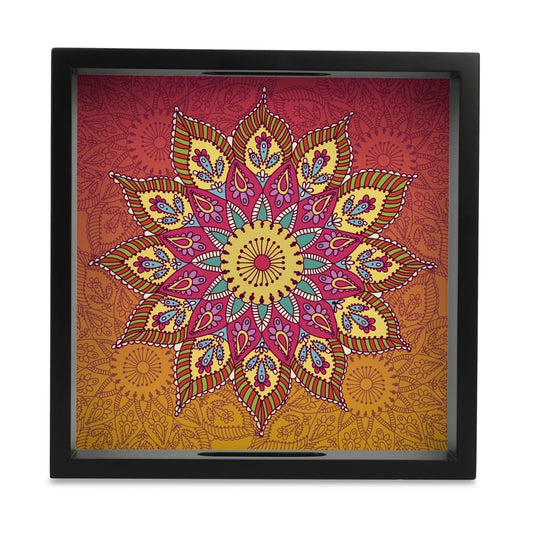 Orange Mandala Serving Tray with Cutout Handles (Wood) 9" x 9"