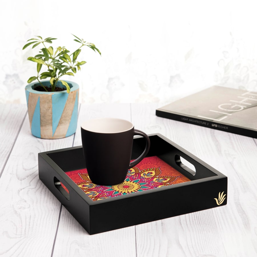 Orange Mandala Serving Tray with Cutout Handles (Wood) 9" x 9"