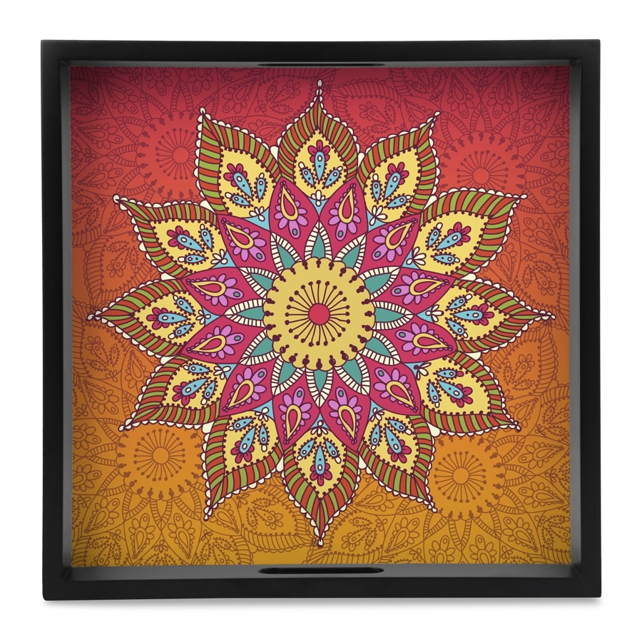 Orange Mandala Serving Tray with Cutout Handles (Wood) 12" x 12"