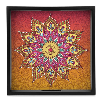 Orange Mandala Serving Tray with Cutout Handles (Wood) 12" x 12"