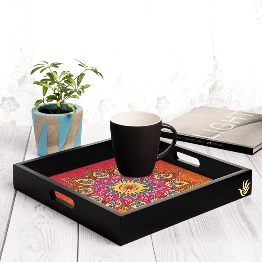 Orange Mandala Serving Tray with Cutout Handles (Wood) 12" x 12"