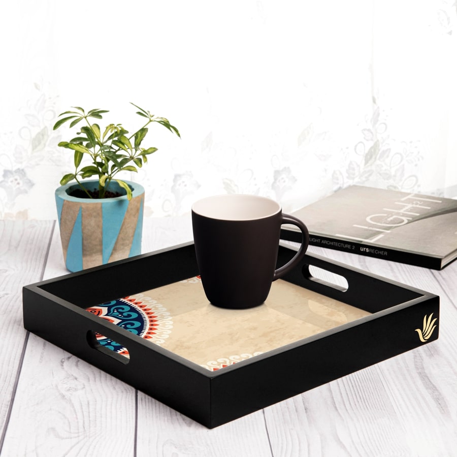Mandala Vintage Serving Tray with Cutout Handles (Wood) 12" x 12"