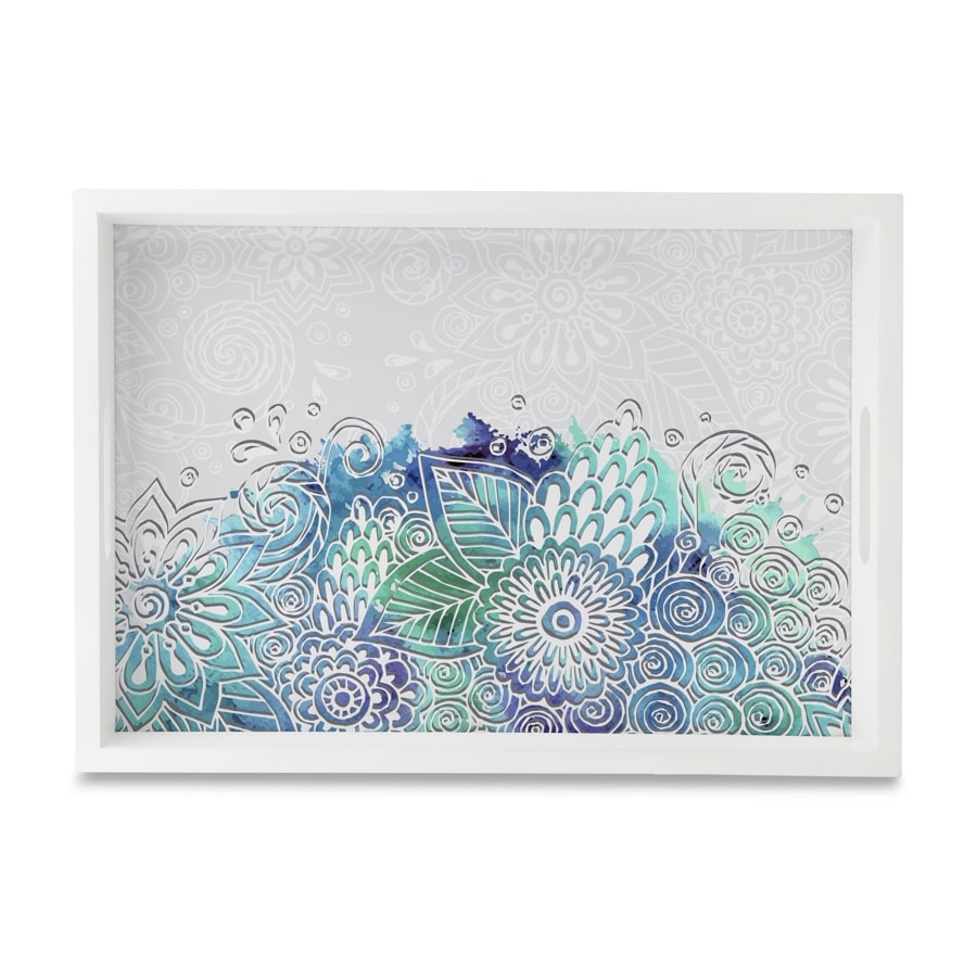 Abstract Flowers Serving Tray with Cutout Handles (Wood) 10" x 14"