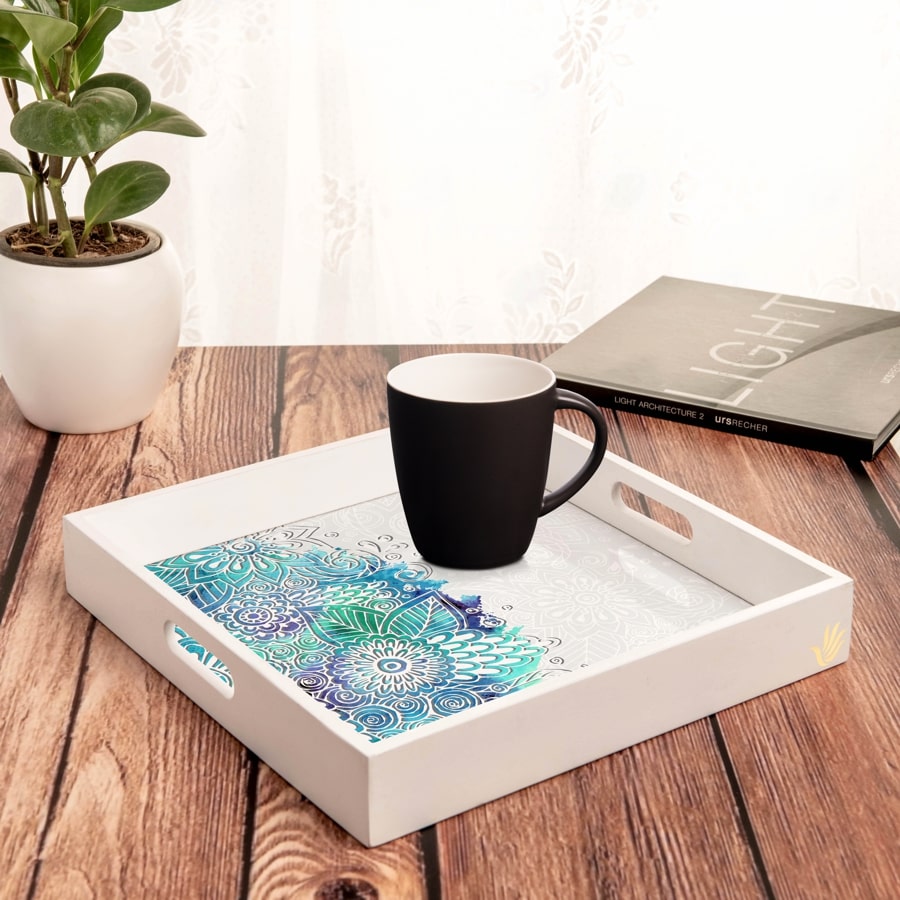 Abstract Flowers Serving Tray with Cutout Handles (Wood) 12" x 12"