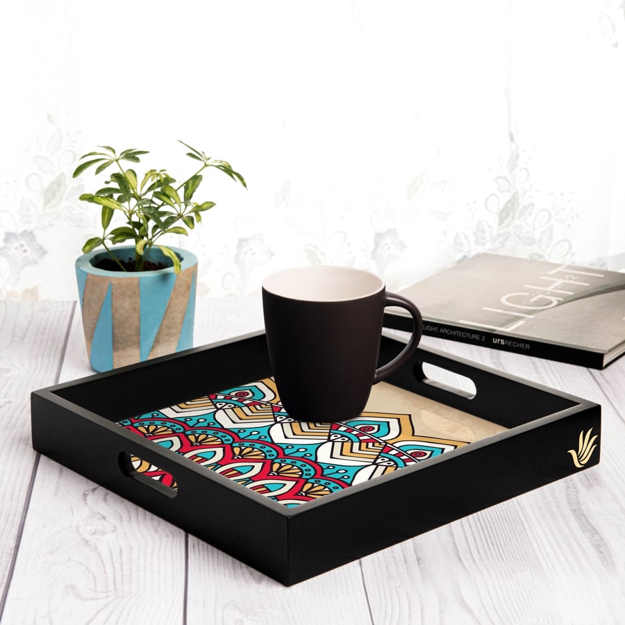 Mandala Vintage 2 Serving Tray with Cutout Handles (Wood) 12" x 12"