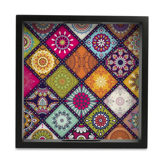 Multi Mandala Serving Tray with Cutout Handles (Wood) 9" x 9"