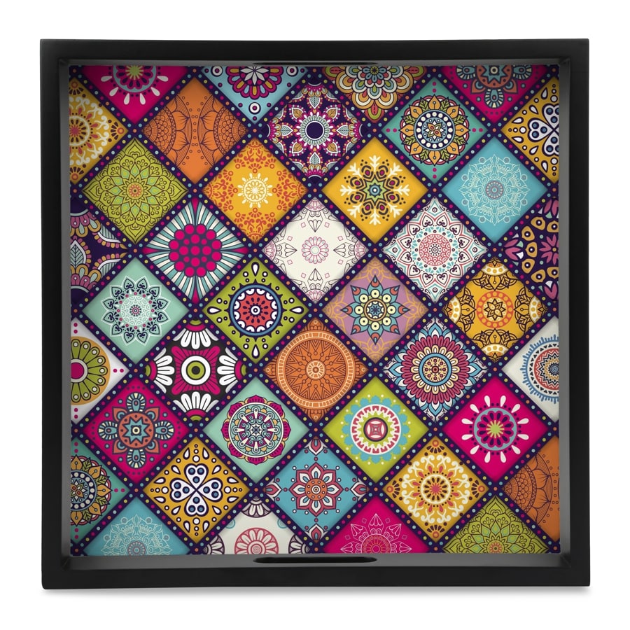 Multi Mandala Serving Tray with Cutout Handles (Wood) 12" x 12"