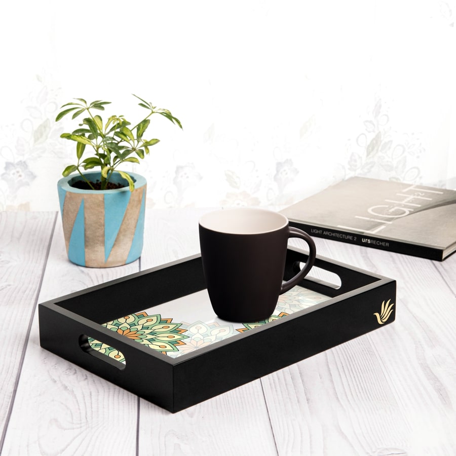 Green Mandala Serving Tray with Cutout Handles (Wood) 8" x 12"