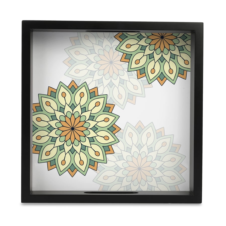 Green Mandala Serving Tray with Cutout Handles (Wood) 9" x 9"