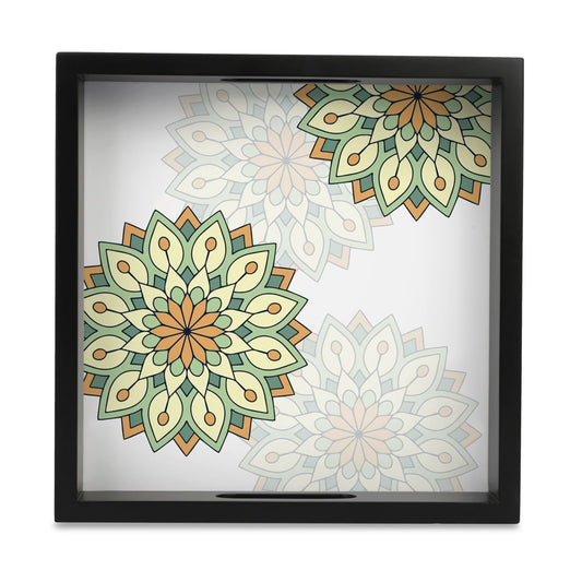 Green Mandala Serving Tray with Cutout Handles (Wood) 9" x 9"