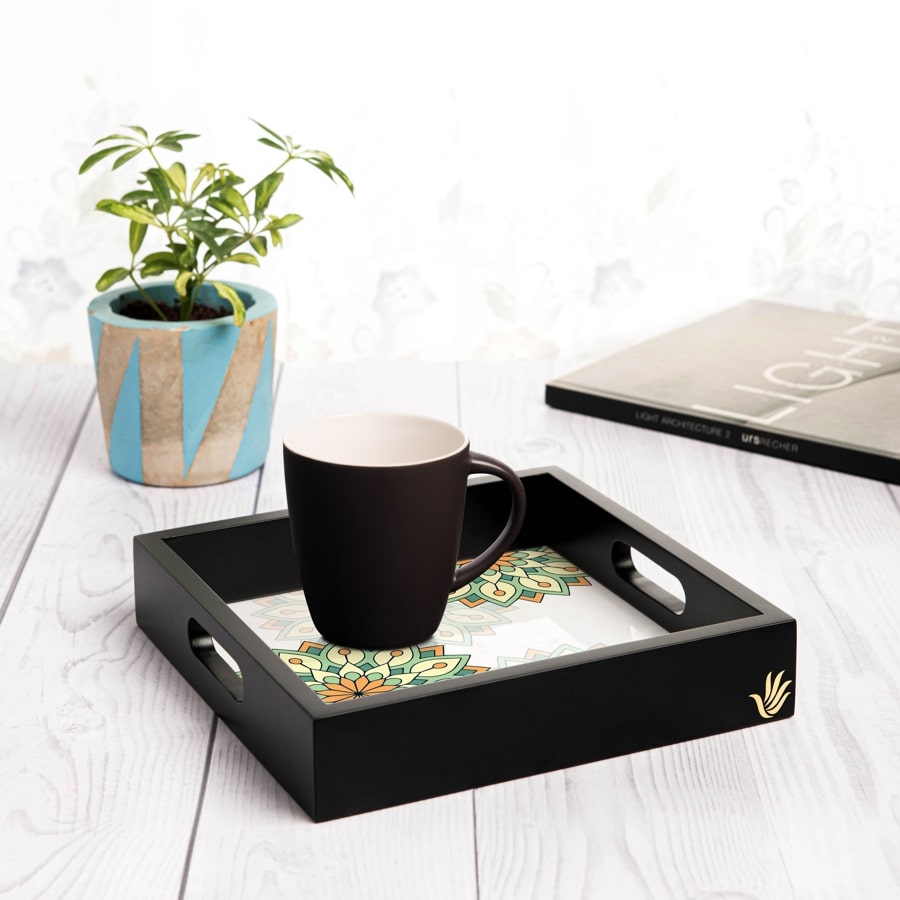 Green Mandala Serving Tray with Cutout Handles (Wood) 9" x 9"
