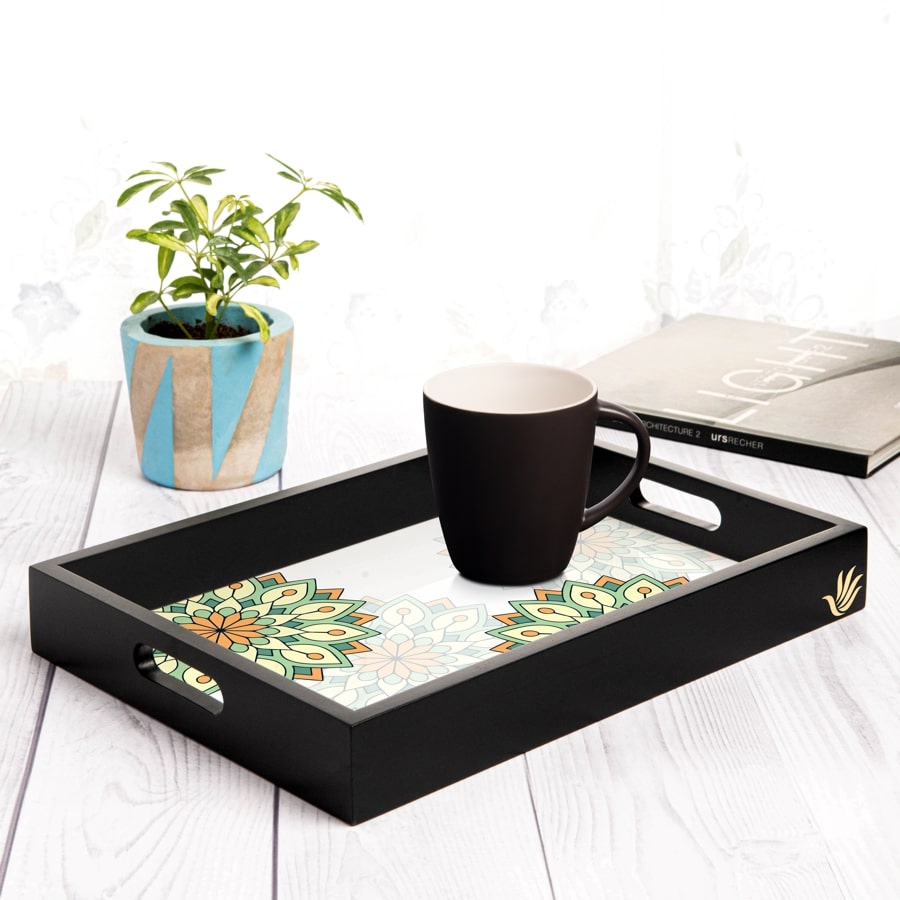 Green Mandala Serving Tray with Cutout Handles (Wood) 10" x 14"