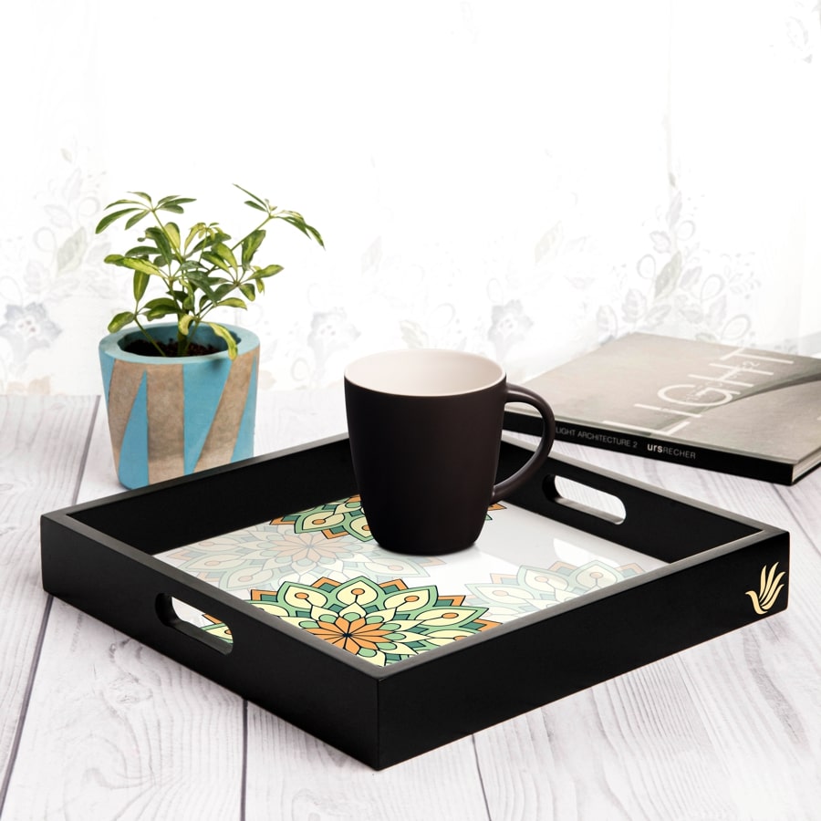 Green Mandala Serving Tray with Cutout Handles (Wood) 12" x 12"