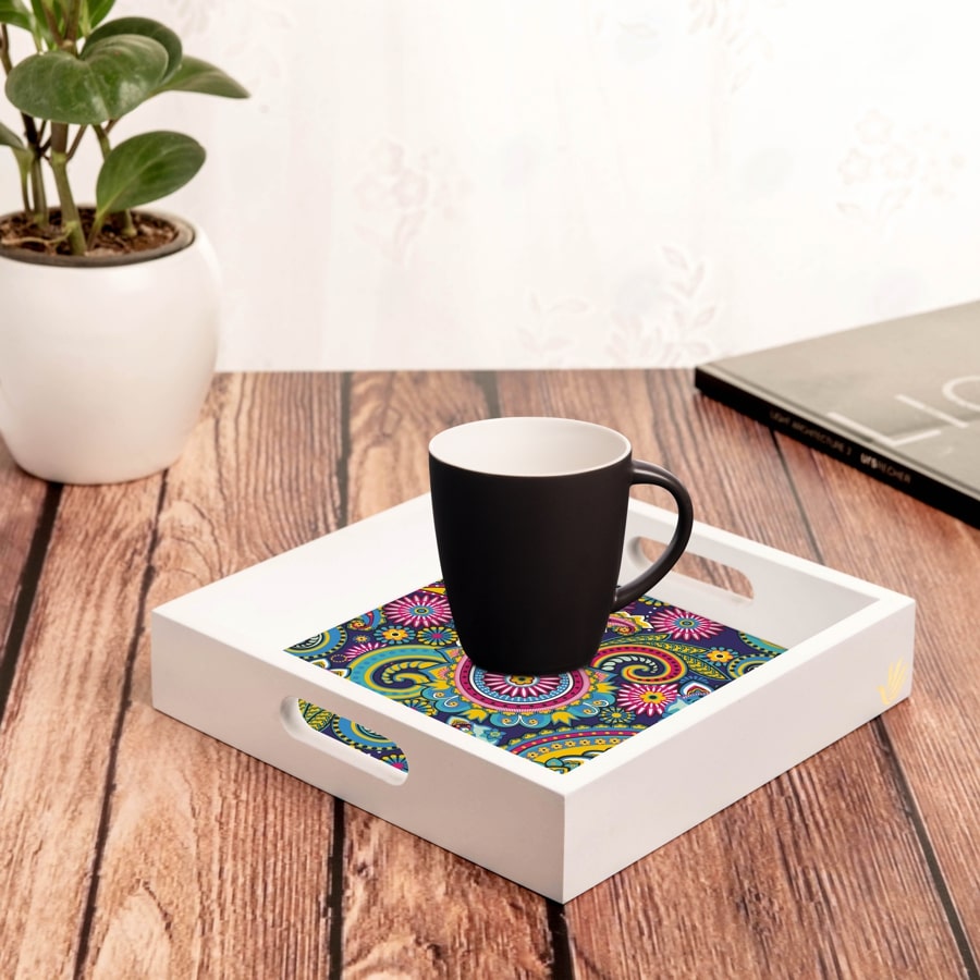 Blue Paisley Serving Tray with Cutout Handles (Wood) 9" x 9"