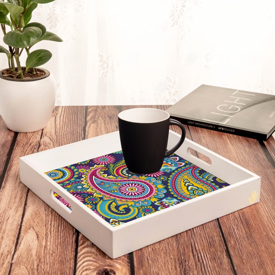 Blue Paisley Serving Tray with Cutout Handles (Wood) 12" x 12"