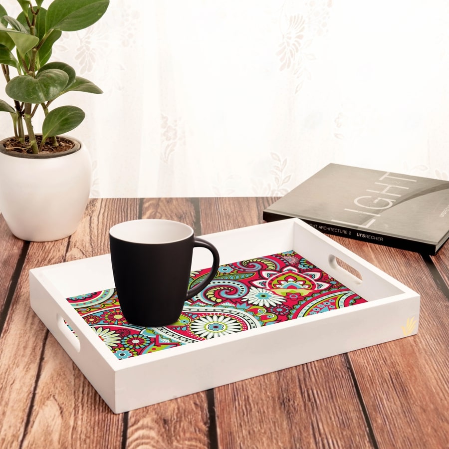 Pink Paisley Serving Tray with Cutout Handles (Wood) 10" x 14"