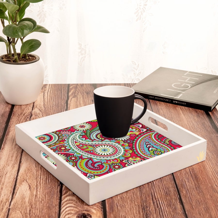 Pink Paisley Serving Tray with Cutout Handles (Wood) 12" x 12"