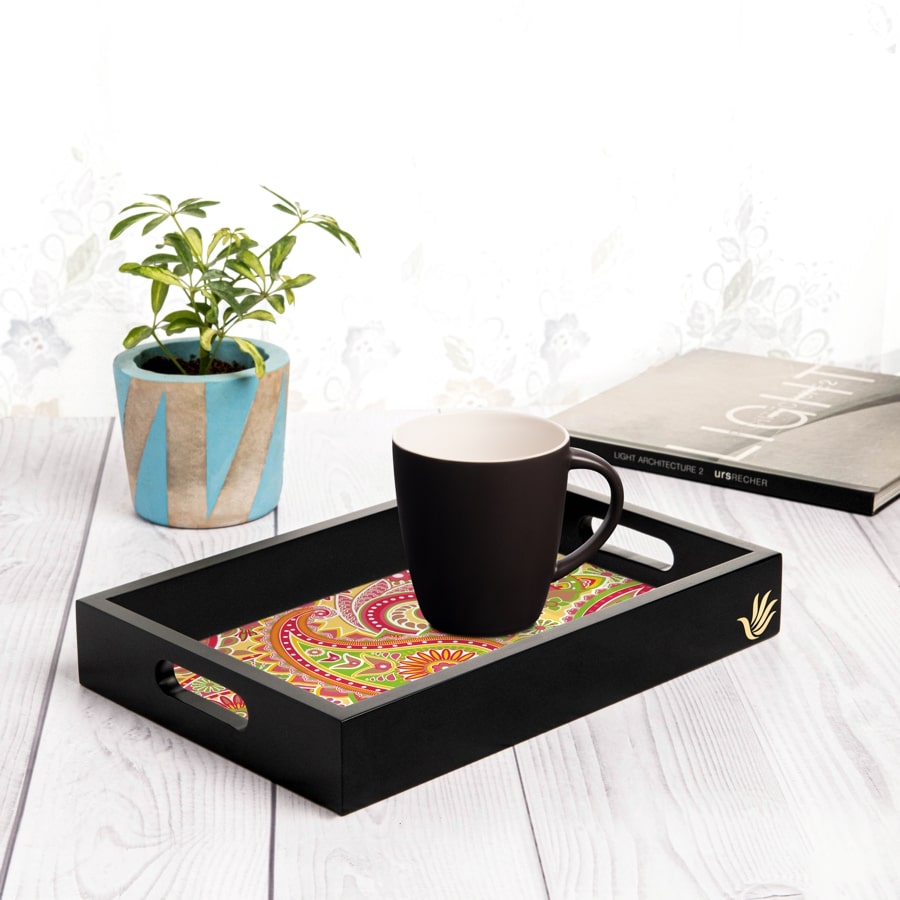 Yellow Paisley Serving Tray with Cutout Handles (Wood) 8" x 12"