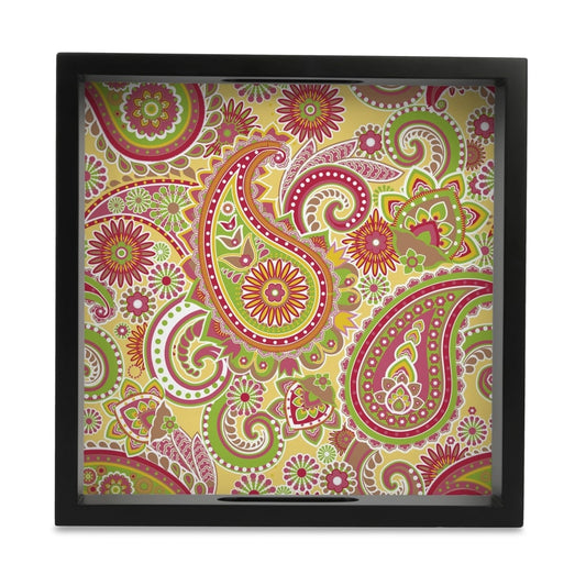Yellow Paisley Serving Tray with Cutout Handles (Wood) 9" x 9"