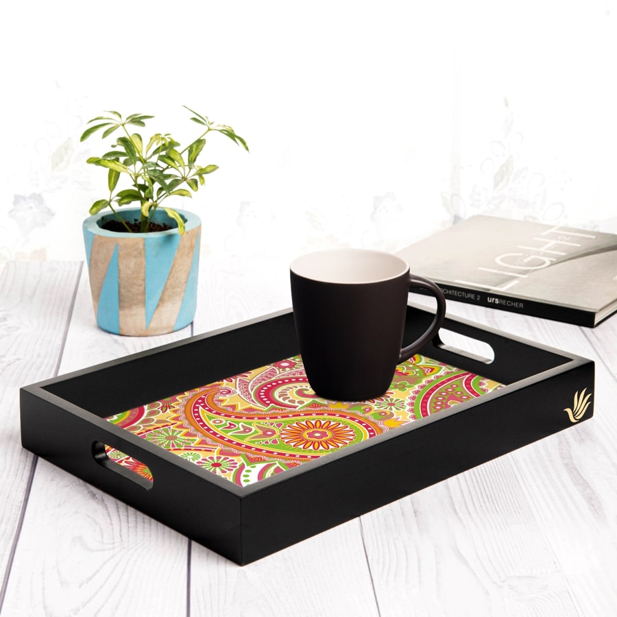 Yellow Paisley Serving Tray with Cutout Handles (Wood) 10" x 14"