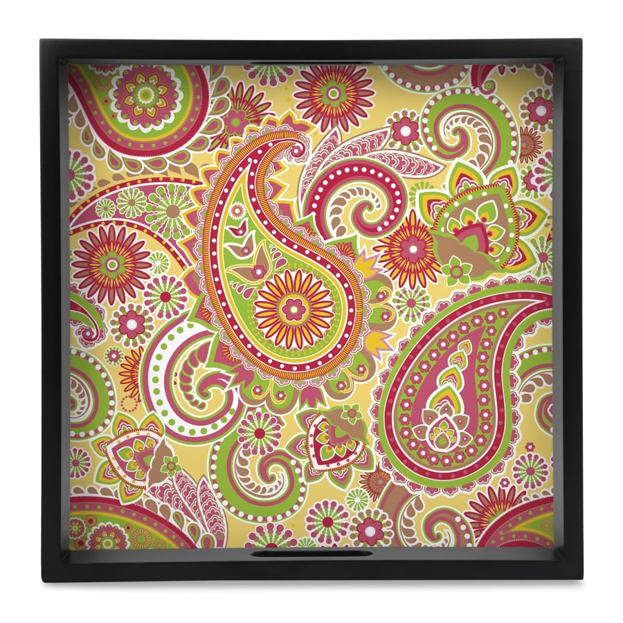 Yellow Paisley Serving Tray with Cutout Handles (Wood) 12" x 12"