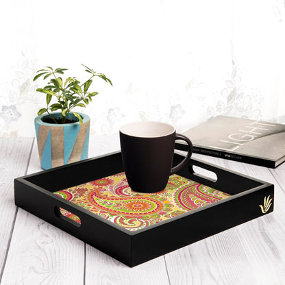 Yellow Paisley Serving Tray with Cutout Handles (Wood) 12" x 12"