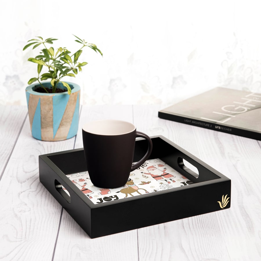 Xmas Allover Serving Tray with Cutout Handles (Wood) 9" x 9"