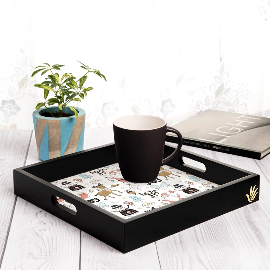 Xmas Allover Serving Tray with Cutout Handles (Wood) 12" x 12"