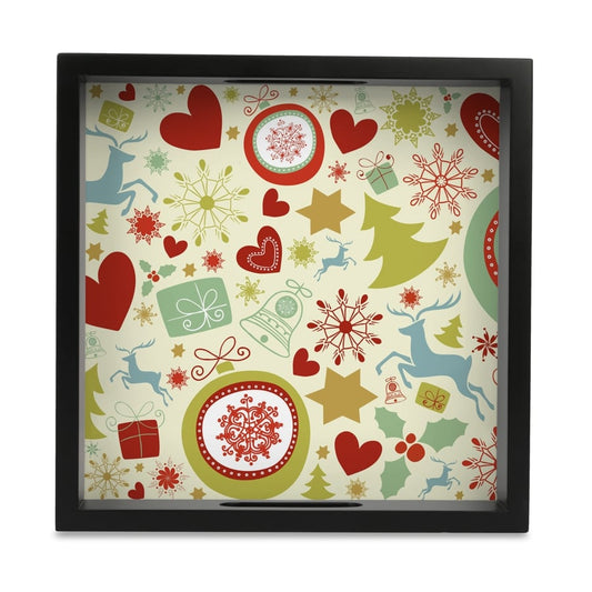 Xmas Allover3 Serving Tray with Cutout Handles (Wood) 9" x 9"