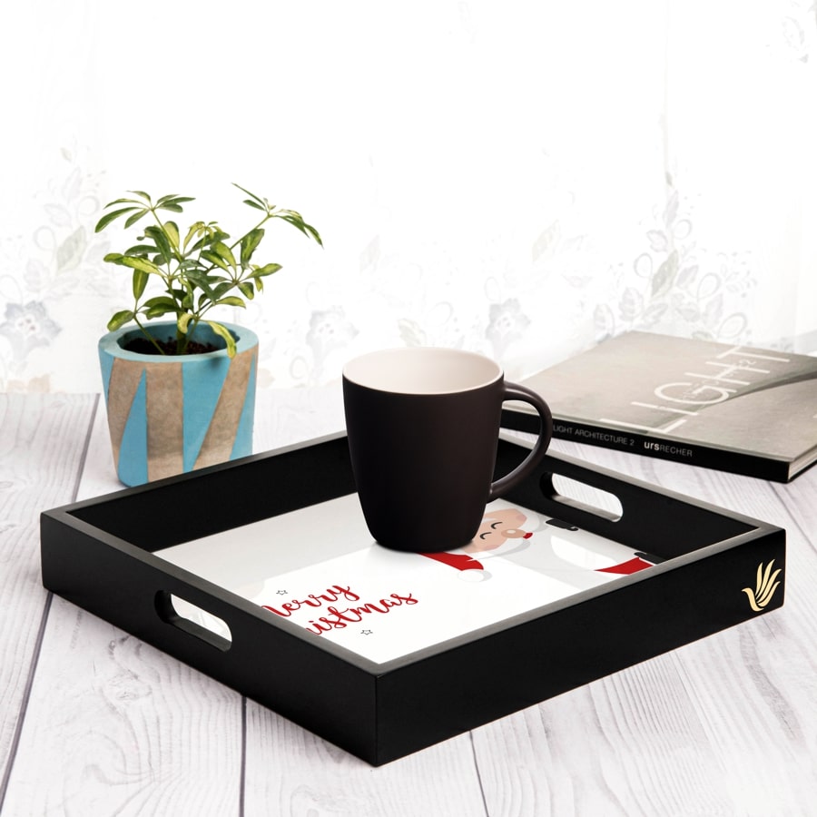 Xmas Santa Serving Tray with Cutout Handles (Wood) 12" x 12"