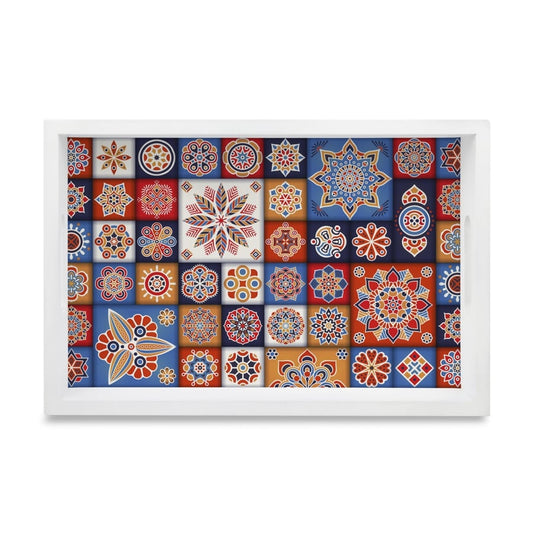 Floral Tiles Serving Tray with Cutout Handles (Wood) 8" x 12"