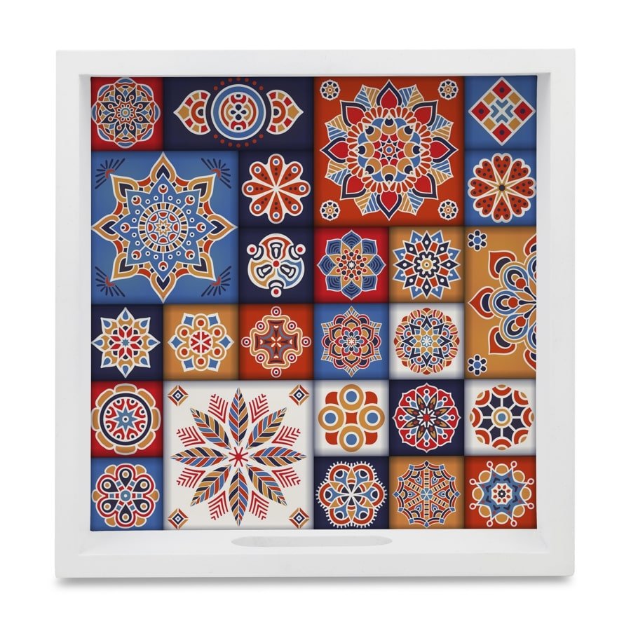 Floral Tiles Serving Tray with Cutout Handles (Wood) 9" x 9"