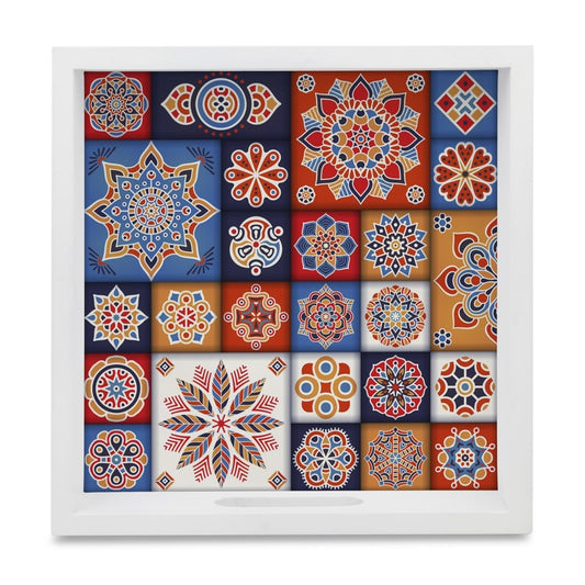Floral Tiles Serving Tray with Cutout Handles (Wood) 9" x 9"