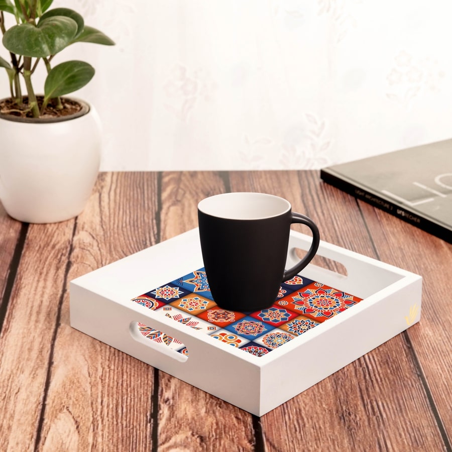 Floral Tiles Serving Tray with Cutout Handles (Wood) 9" x 9"