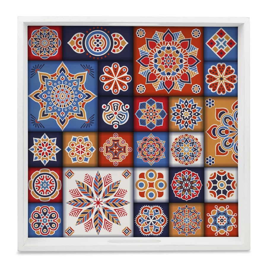 Floral Tiles Serving Tray with Cutout Handles (Wood) 12" x 12"