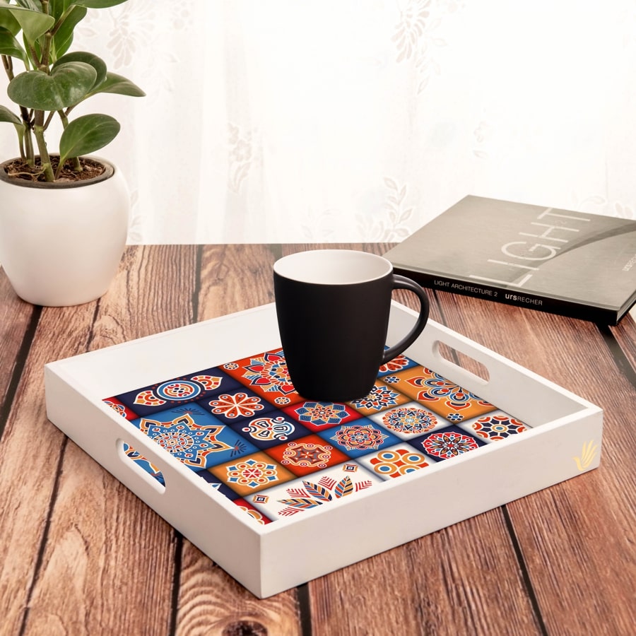 Floral Tiles Serving Tray with Cutout Handles (Wood) 12" x 12"