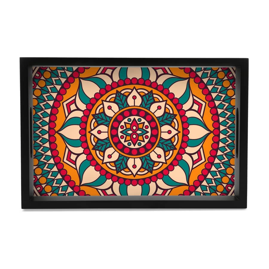 Red Mandala Serving Tray with Cutout Handles (Wood) 8" x 12"