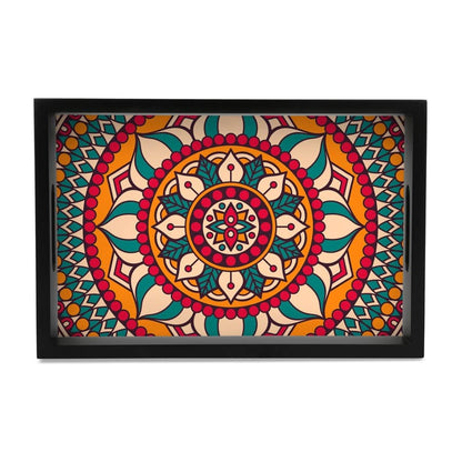 Red Mandala Serving Tray with Cutout Handles (Wood) 8" x 12"