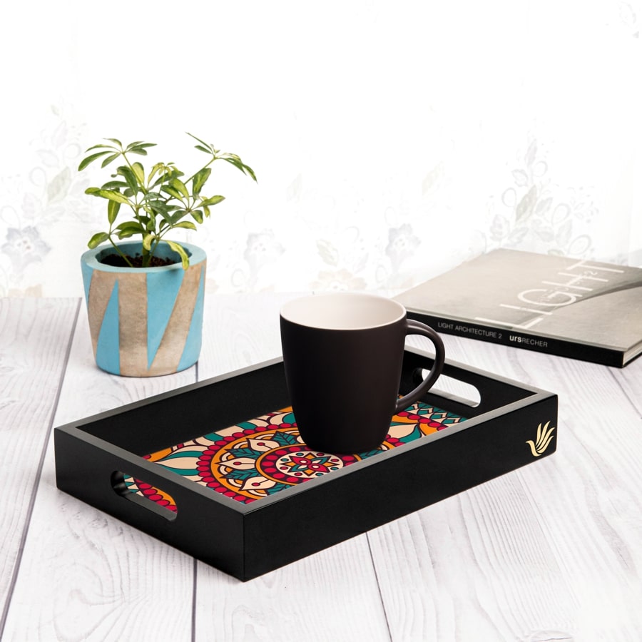 Red Mandala Serving Tray with Cutout Handles (Wood) 8" x 12"