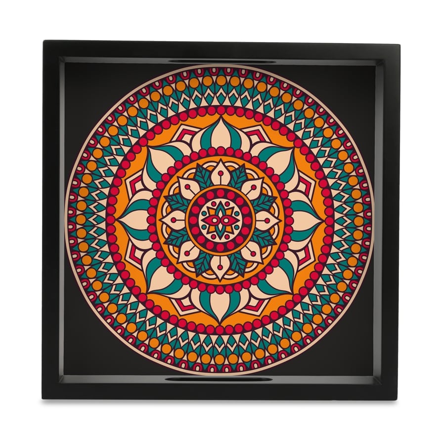 Red Mandala Serving Tray with Cutout Handles (Wood) 9" x 9"