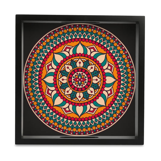 Red Mandala Serving Tray with Cutout Handles (Wood) 9" x 9"