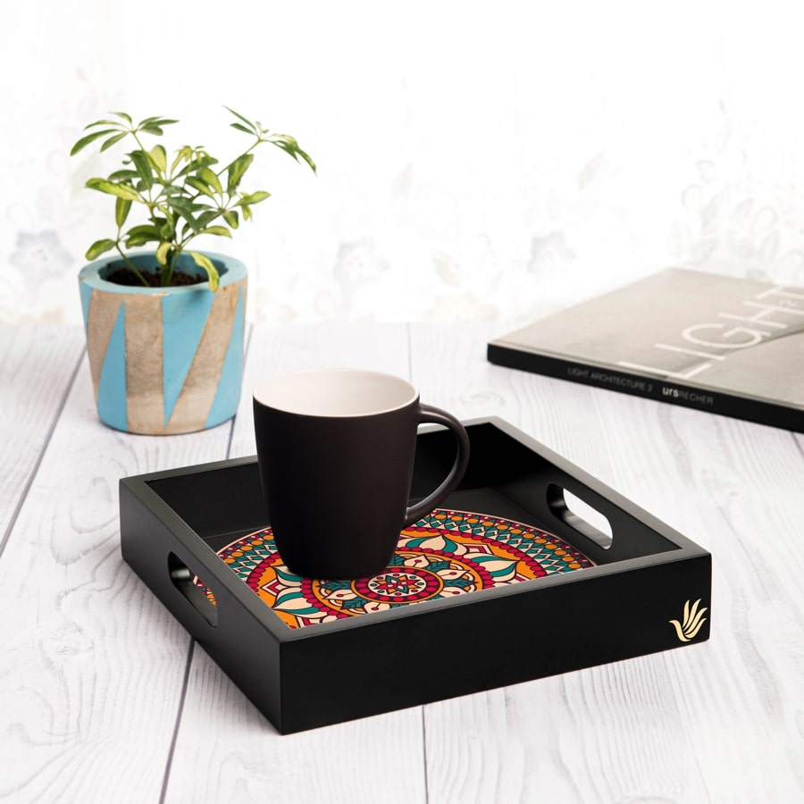 Red Mandala Serving Tray with Cutout Handles (Wood) 9" x 9"